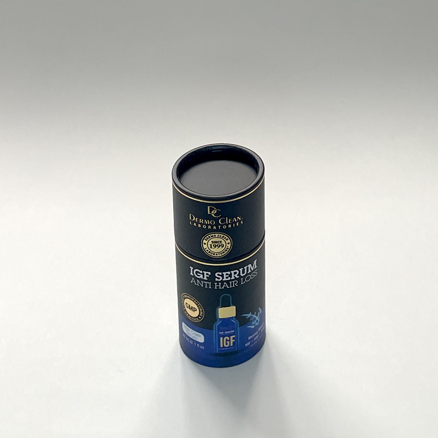 Dermo Clean — IGF Serum — Baskılı silindir · gold silindir kutu